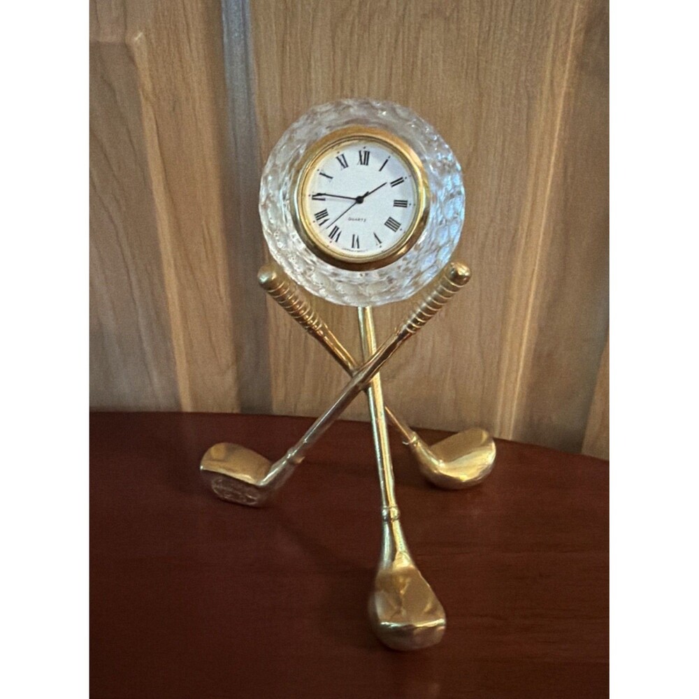 Golf Desk Clock Brass Plated Golf Clubs w/Lead Crystal Ball Quartz. FATHERS DAY!